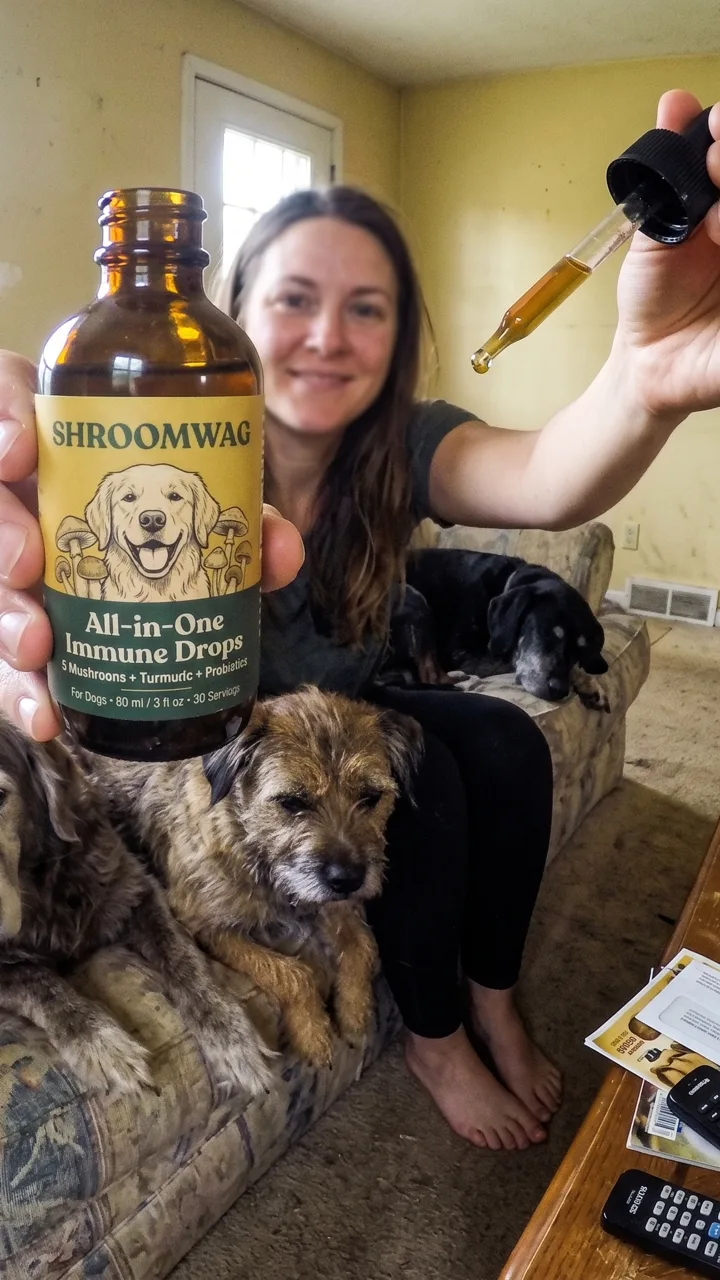 Customer photo — dog mom with her three dogs and Shroomwag