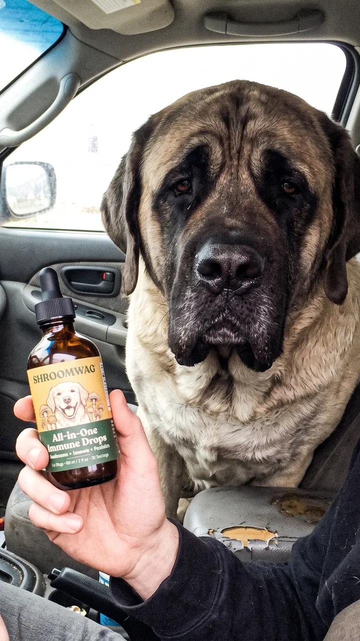 Customer photo — senior mastiff with Shroomwag in the truck